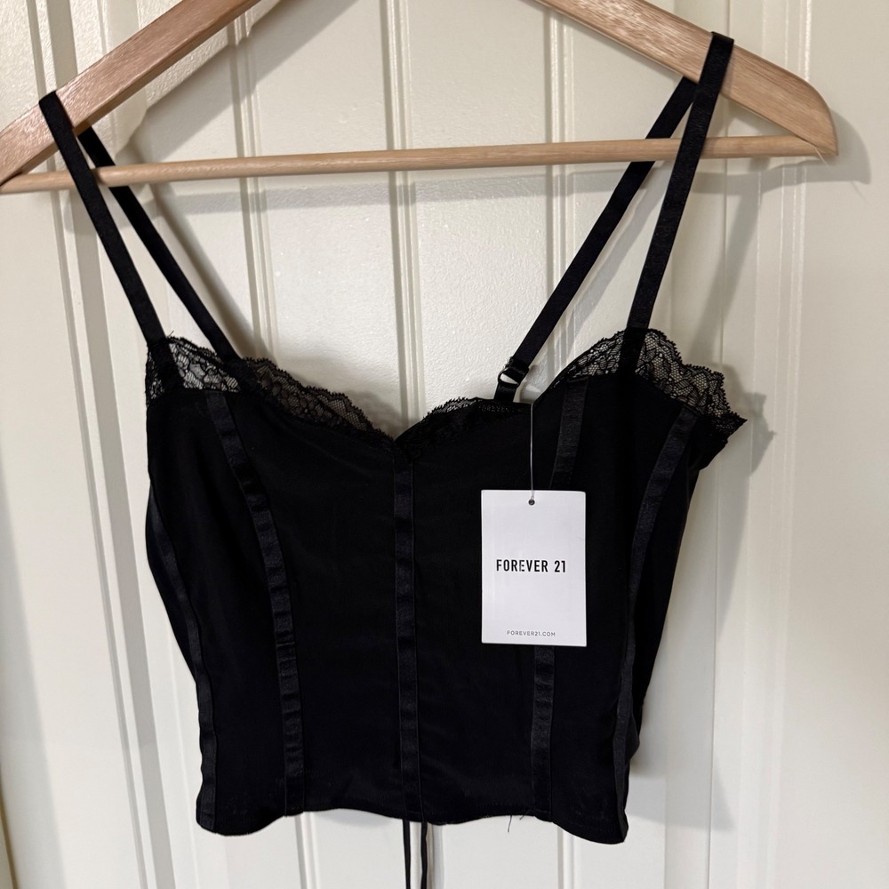 Forever 21 Bustier Top Women S Black NEW Lace Trim Corset Back Knit Crop - Picture 2 of 6